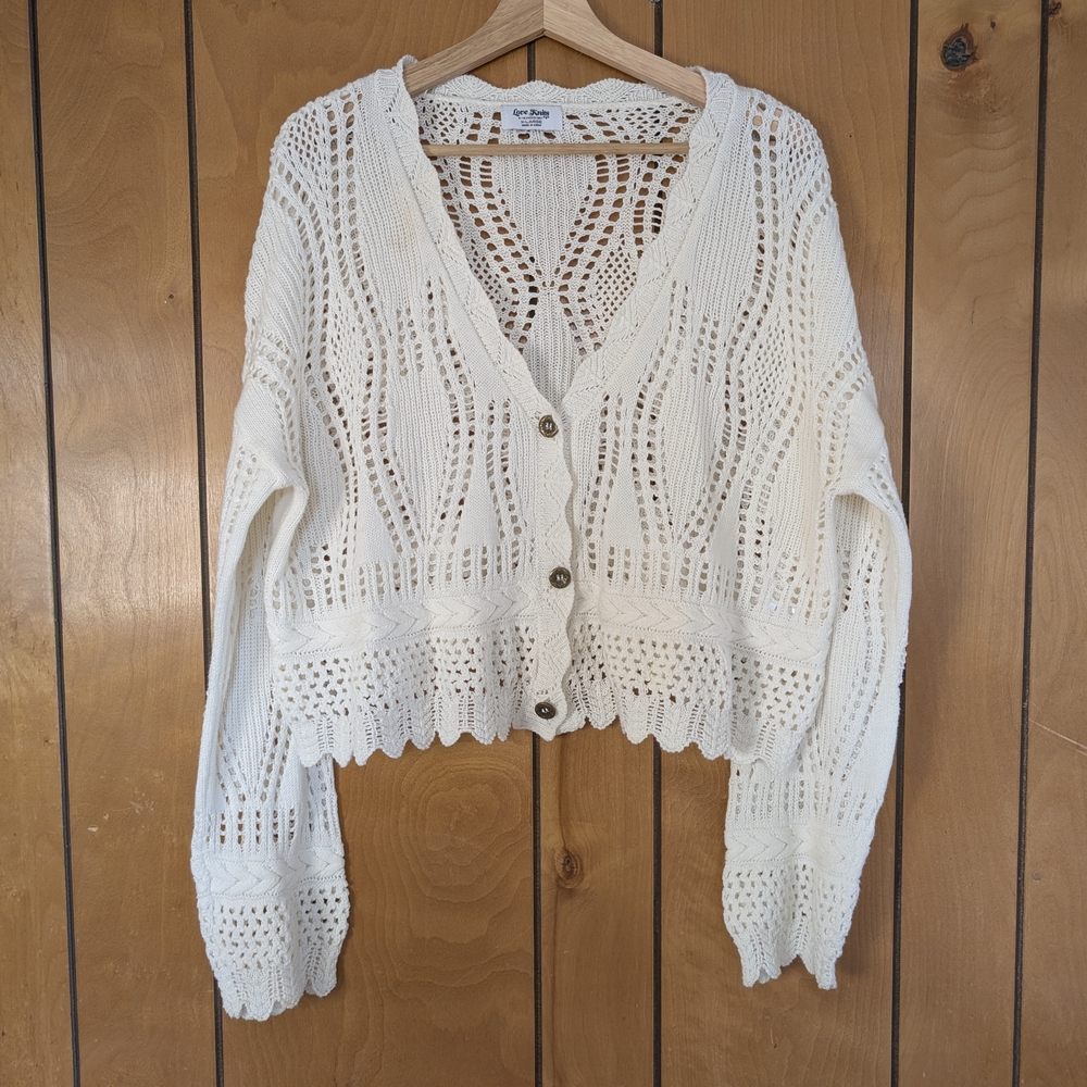 Love Knits NYC Cropped Open Knit Cardigan XL Cream Boho Cottagecore Sweater